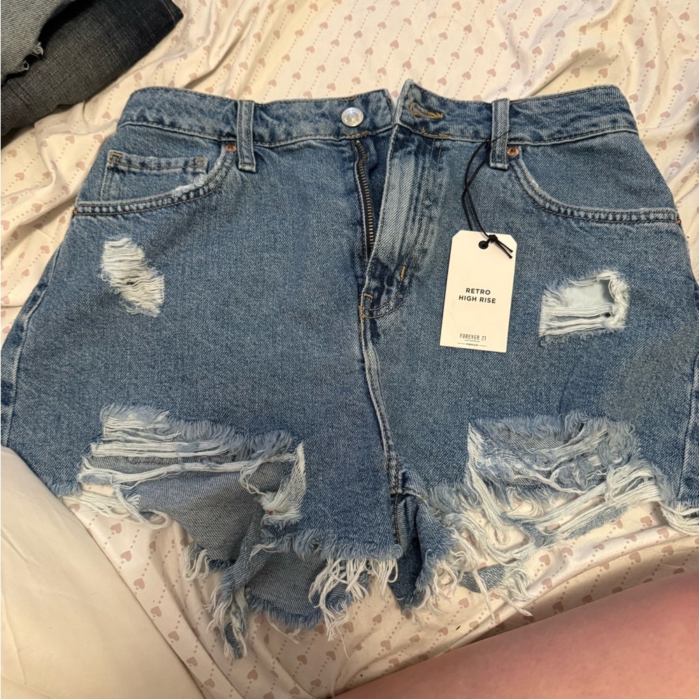 Forever 21 Light Blue Distressed High-Rise Denim Shorts